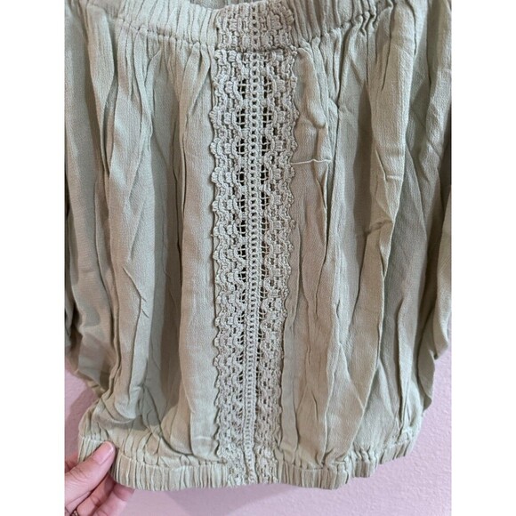 Sage Green Boho Crop Top Lace-Trim Front Elastic Neck & Sleeve Large NEW - Picture 6 of 6
